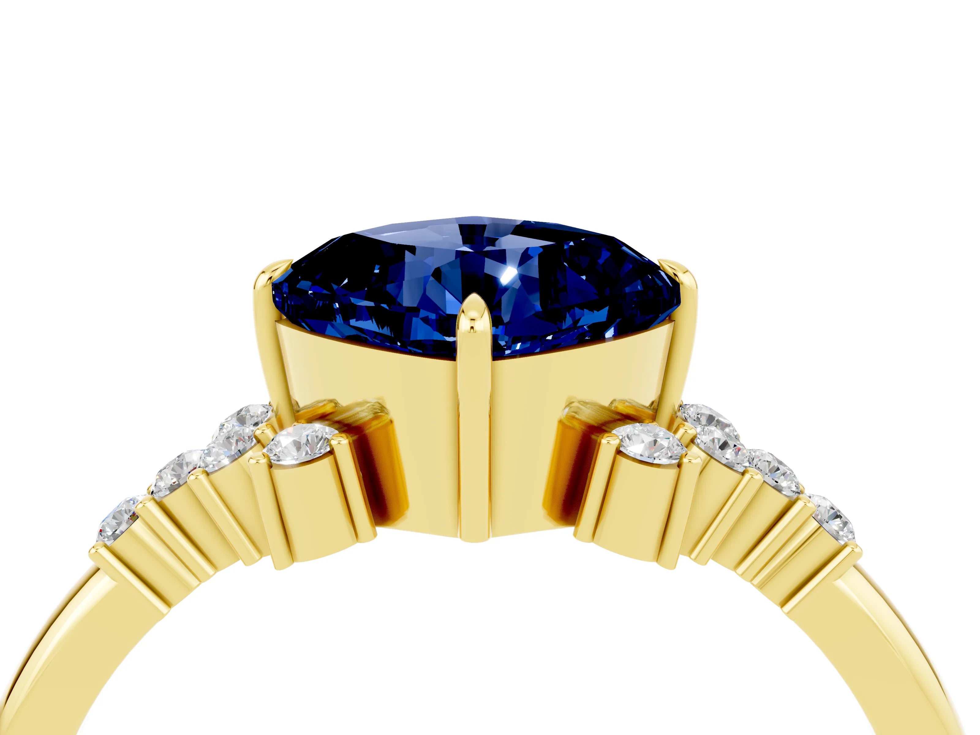 Yellow gold Cushion Cut Blue Sapphire Ring with Side Stones and Four-Prong Setting_40