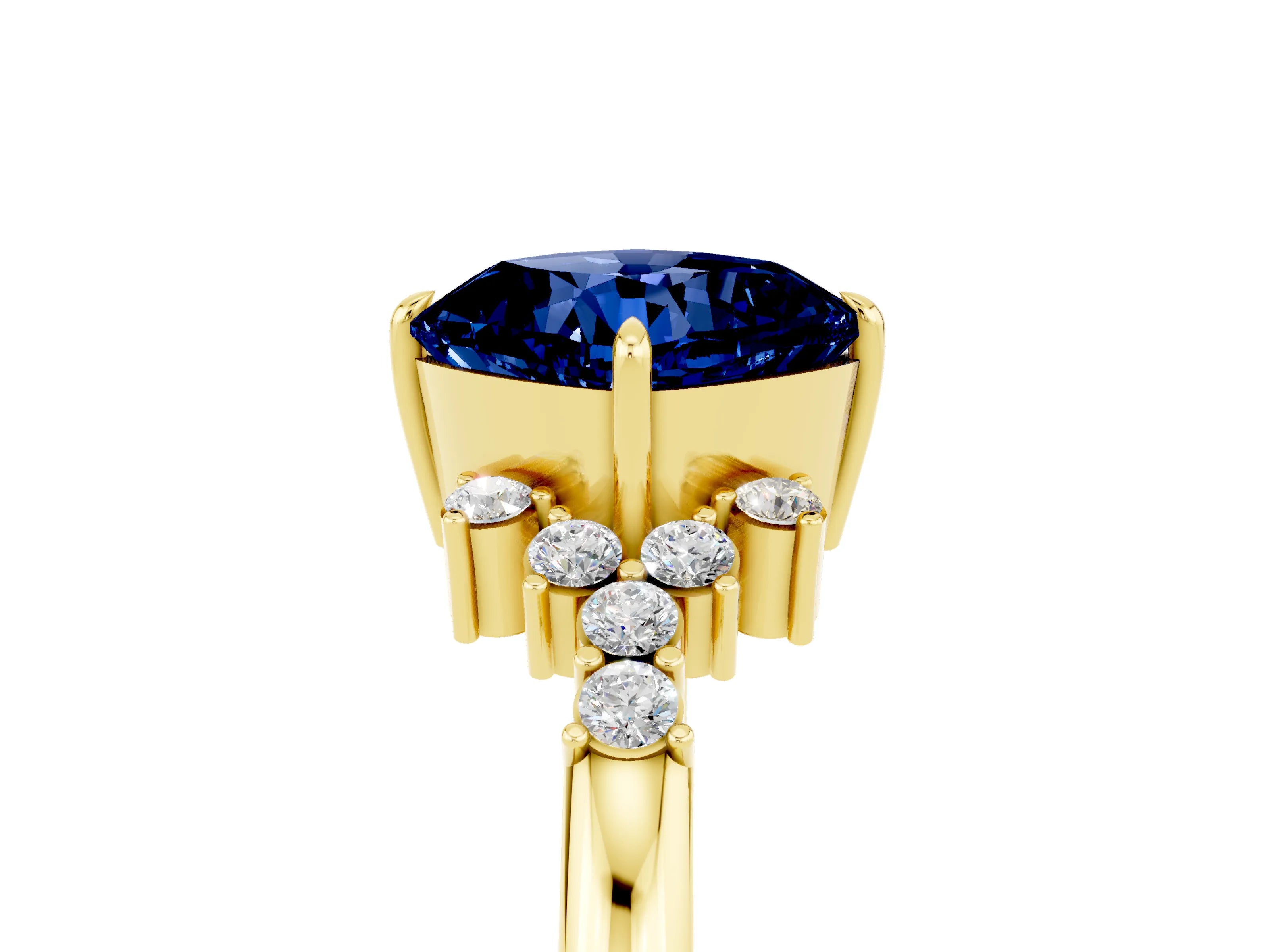 Yellow gold Cushion Cut Blue Sapphire Ring with Side Stones and Four-Prong Setting_41