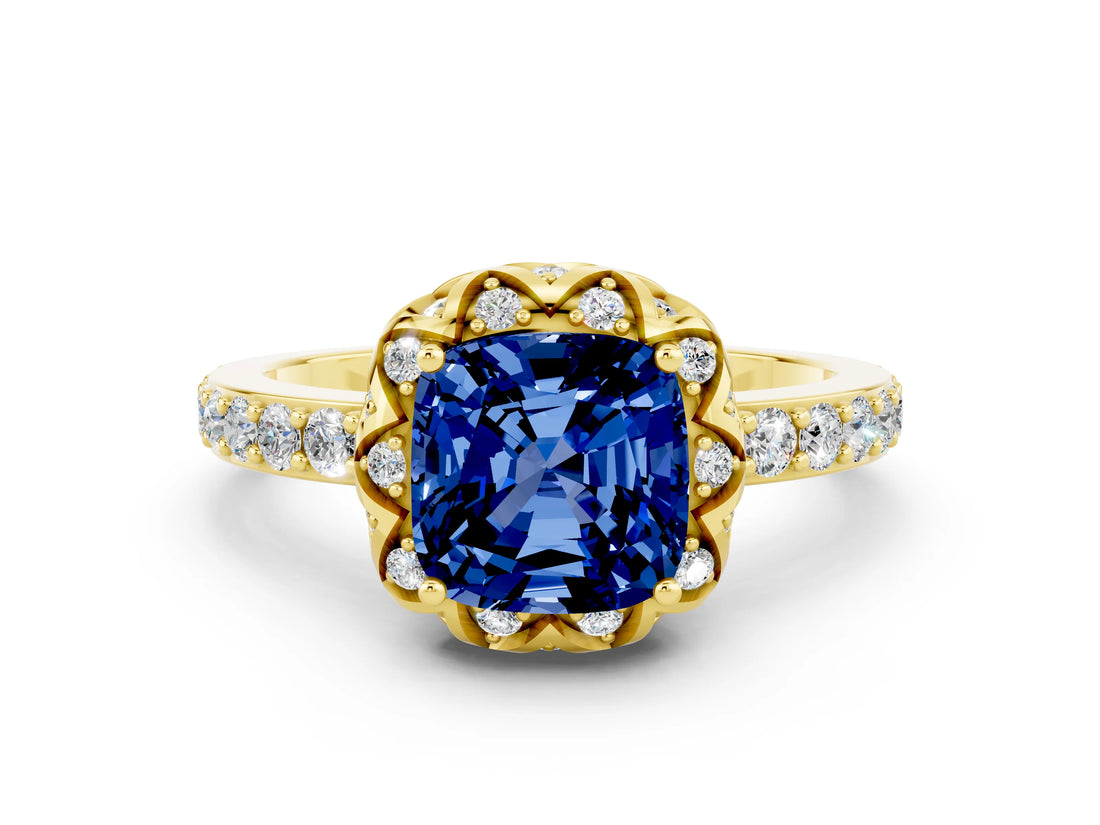 Yellow gold Cushion Cut Blue Sapphire Scalloped Halo Engagement Ring with Round Shared Prong Band_24