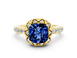Yellow gold Cushion Cut Blue Sapphire Scalloped Halo Engagement Ring with Round Shared Prong Band_24