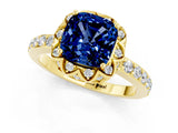 Yellow gold Cushion Cut Blue Sapphire Scalloped Halo Engagement Ring with Round Shared Prong Band_25