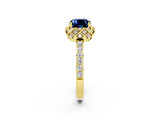 Yellow gold Cushion Cut Blue Sapphire Scalloped Halo Engagement Ring with Round Shared Prong Band_26