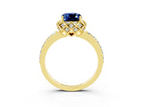 Yellow gold Cushion Cut Blue Sapphire Scalloped Halo Engagement Ring with Round Shared Prong Band_27
