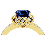 Yellow gold Cushion Cut Blue Sapphire Scalloped Halo Engagement Ring with Round Shared Prong Band_28