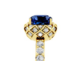 Yellow gold Cushion Cut Blue Sapphire Scalloped Halo Engagement Ring with Round Shared Prong Band_29