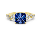 Yellow gold Cushion Cut Blue Sapphire Scattered Round Accent Ring with Prong Setting_24