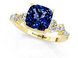 Yellow gold Cushion Cut Blue Sapphire Scattered Round Accent Ring with Prong Setting_25