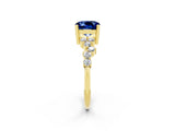 Yellow gold Cushion Cut Blue Sapphire Scattered Round Accent Ring with Prong Setting_26