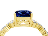 Yellow gold Cushion Cut Blue Sapphire Scattered Round Accent Ring with Prong Setting_28