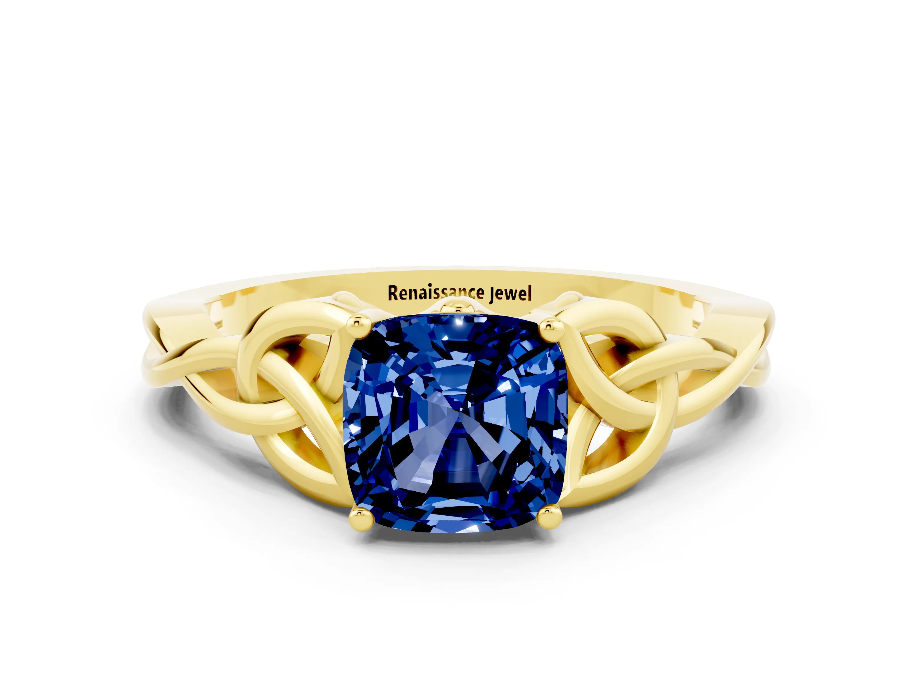Yellow gold Cushion Cut Blue Sapphire Solitaire Celtic Knot Ring with Four-Prong Setting_12