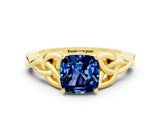 Yellow gold Cushion Cut Blue Sapphire Solitaire Celtic Knot Ring with Four-Prong Setting_12