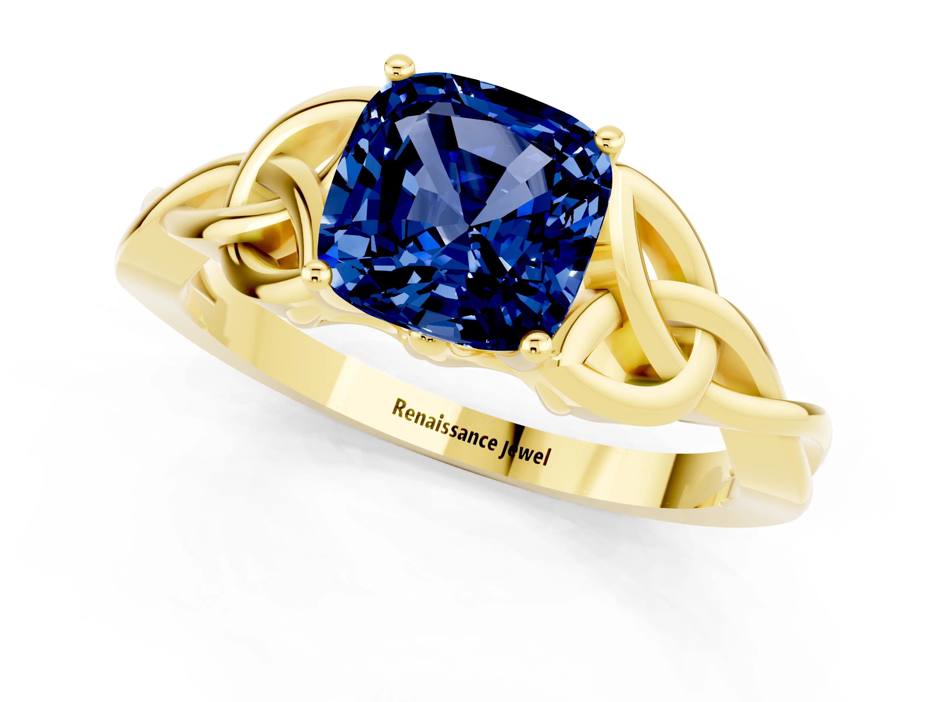 Yellow gold Cushion Cut Blue Sapphire Solitaire Celtic Knot Ring with Four-Prong Setting_13