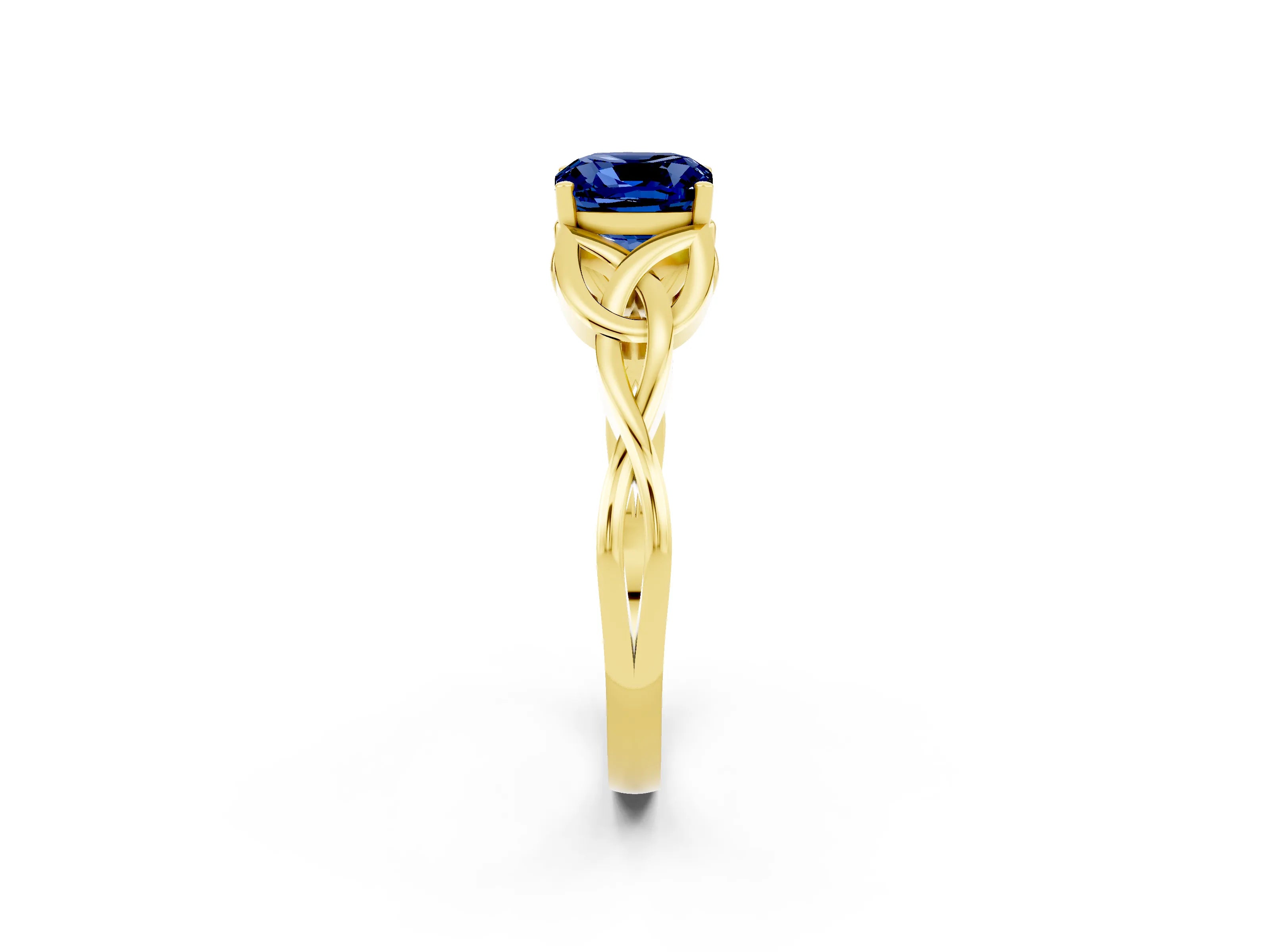 Yellow gold Cushion Cut Blue Sapphire Solitaire Celtic Knot Ring with Four-Prong Setting_14