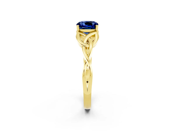 Yellow gold Cushion Cut Blue Sapphire Solitaire Celtic Knot Ring with Four-Prong Setting