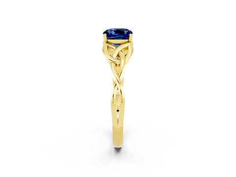 Yellow gold Cushion Cut Blue Sapphire Solitaire Celtic Knot Ring with Four-Prong Setting_14