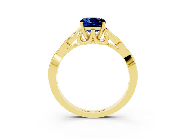 Yellow gold Cushion Cut Blue Sapphire Solitaire Celtic Knot Ring with Four-Prong Setting