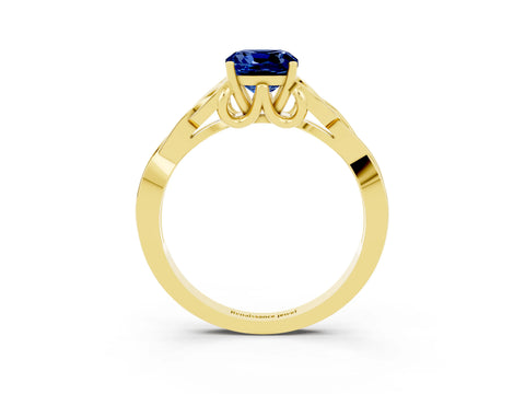 Yellow gold Cushion Cut Blue Sapphire Solitaire Celtic Knot Ring with Four-Prong Setting_15