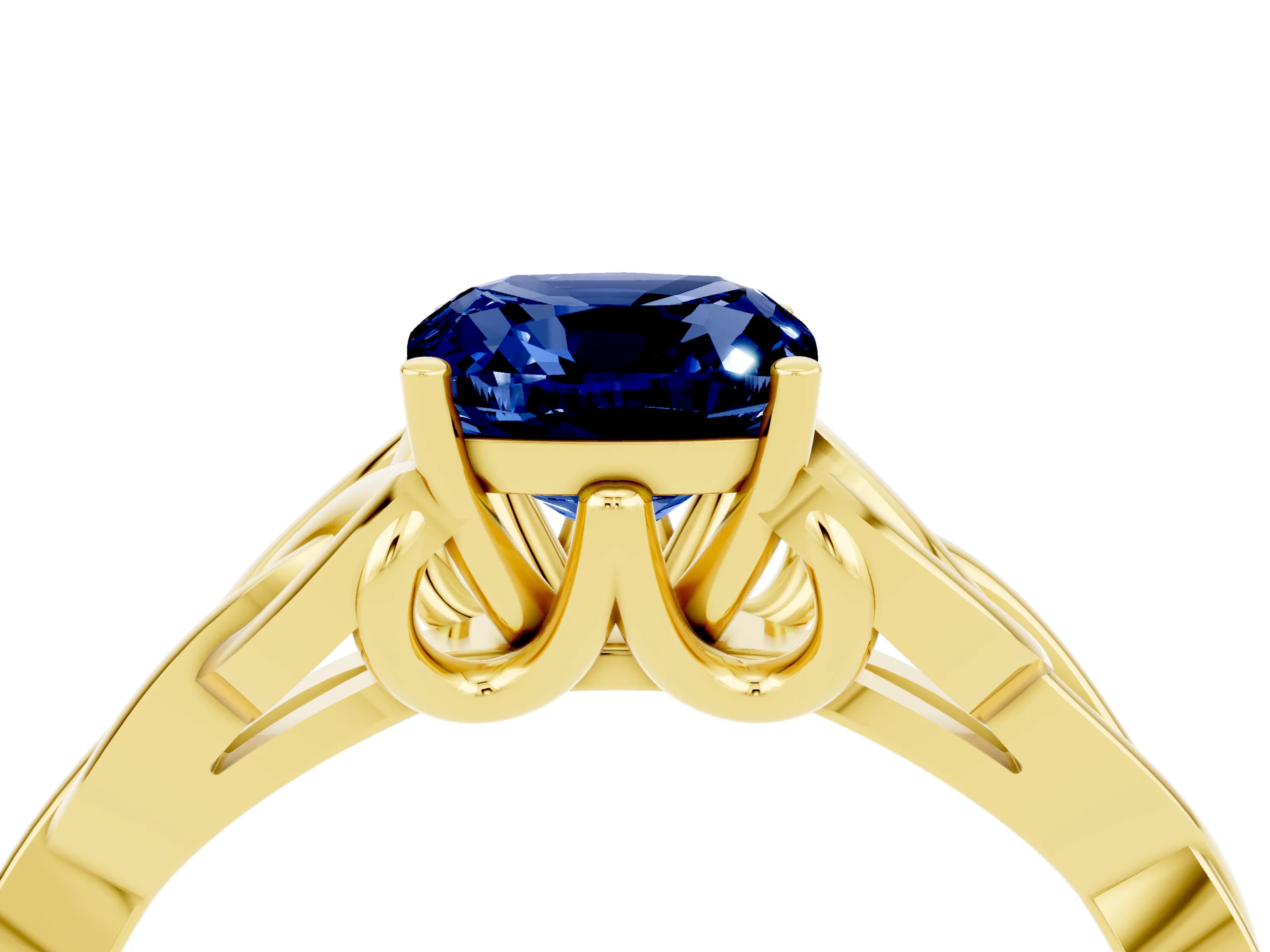 Yellow gold Cushion Cut Blue Sapphire Solitaire Celtic Knot Ring with Four-Prong Setting_16