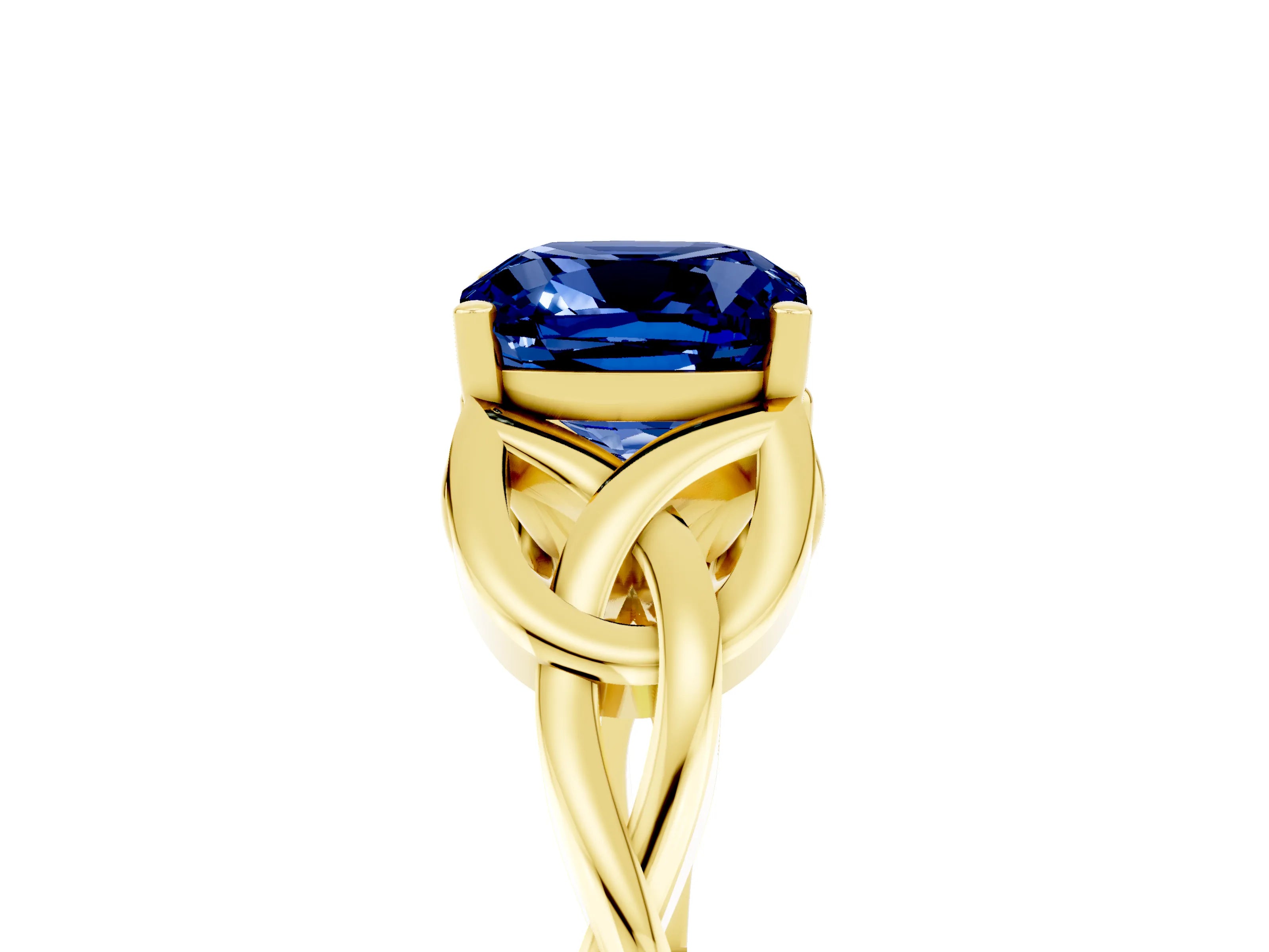 Yellow gold Cushion Cut Blue Sapphire Solitaire Celtic Knot Ring with Four-Prong Setting_17