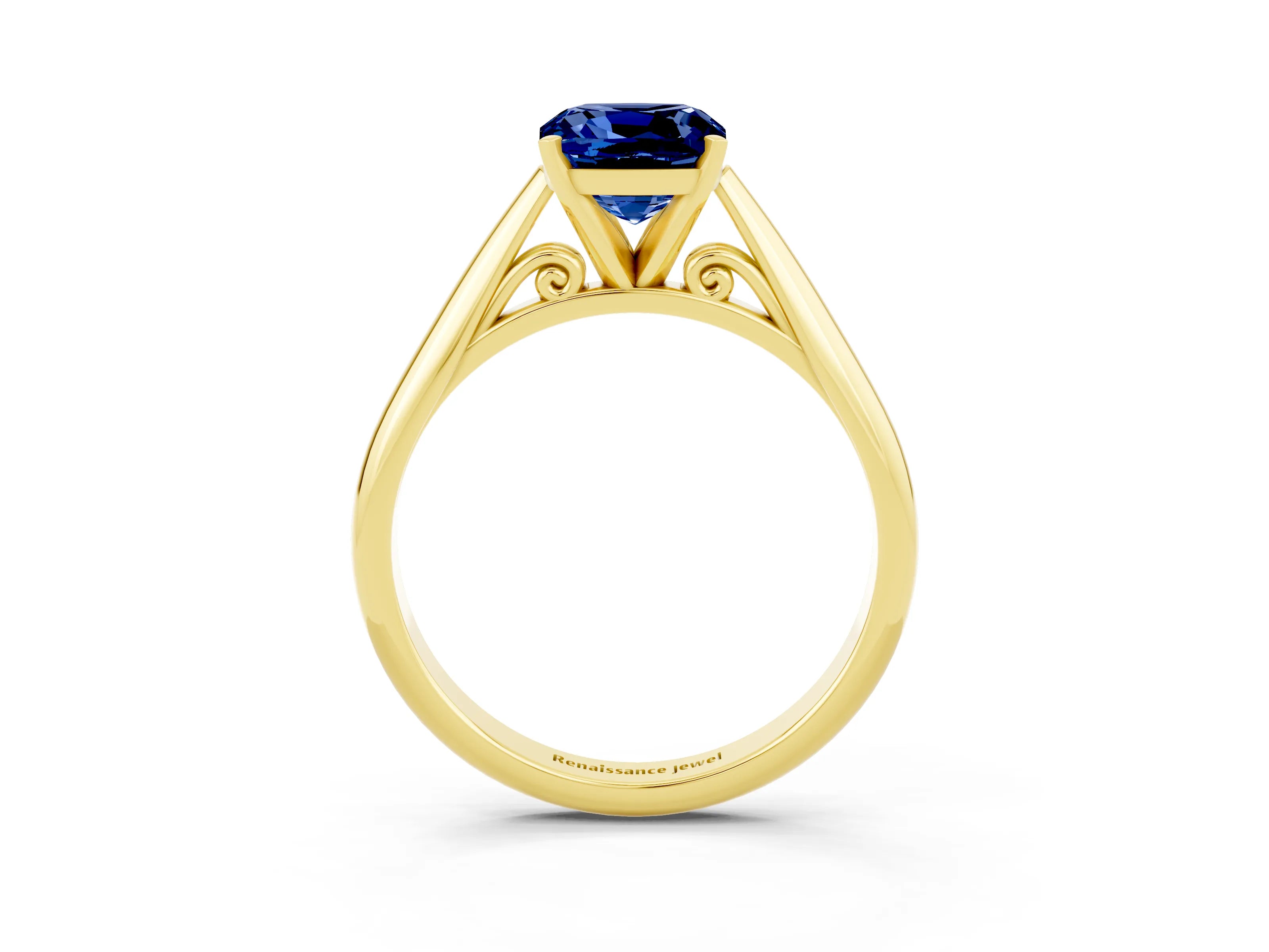 Yellow gold Cushion Cut Blue Sapphire Solitaire Engagement Ring with Cathedral Setting and Four-Prong Mount_15