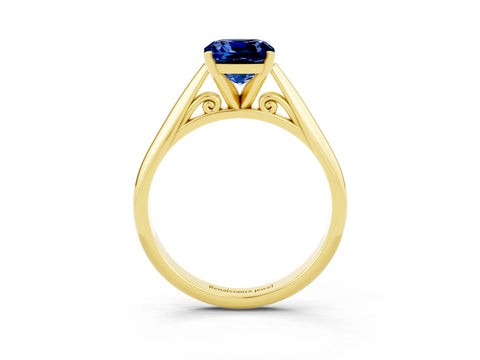 Yellow gold Cushion Cut Blue Sapphire Solitaire Engagement Ring with Cathedral Setting and Four-Prong Mount_15