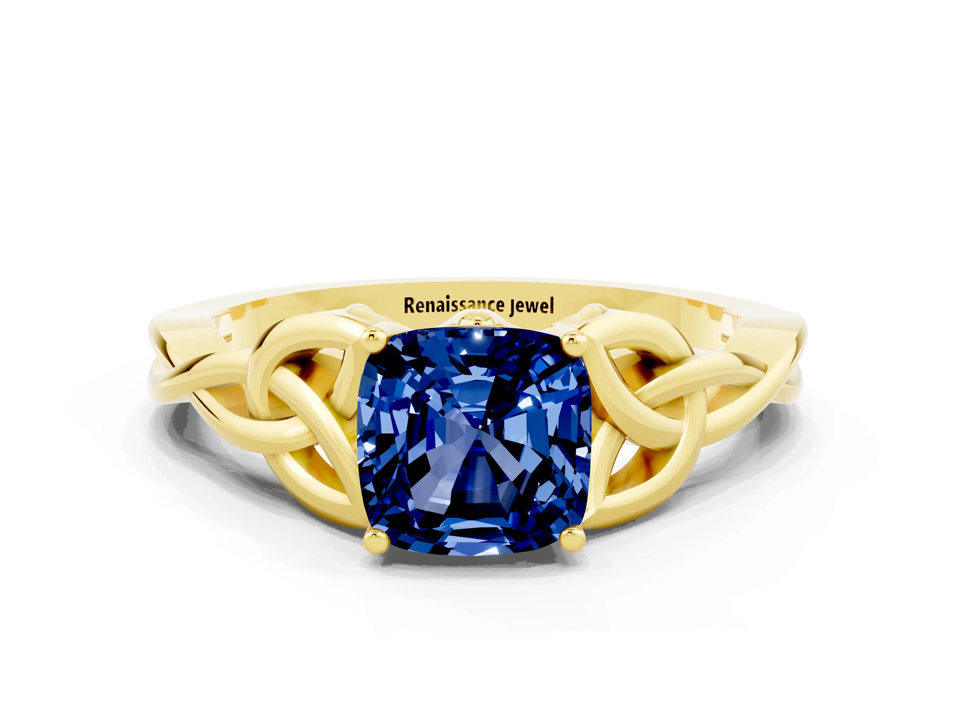 Yellow gold Cushion Cut Blue Sapphire Solitaire Engagement Ring with Celtic Knot Band and Four-Prong Setting