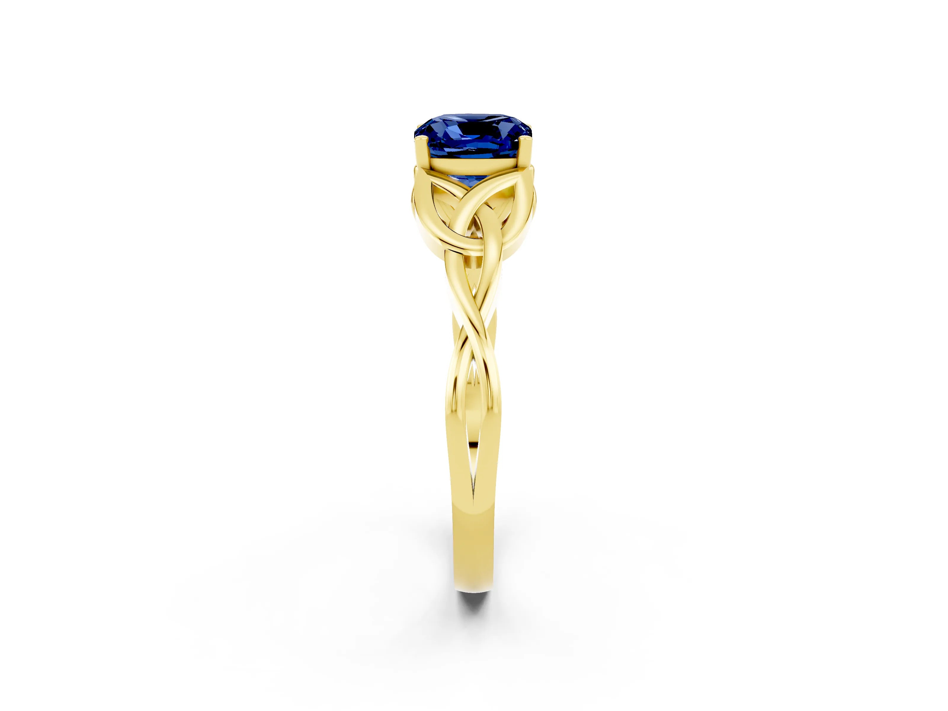 Yellow gold Cushion Cut Blue Sapphire Solitaire Engagement Ring with Celtic Knot Band and Four-Prong Setting_2