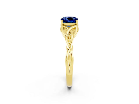 Yellow gold Cushion Cut Blue Sapphire Solitaire Engagement Ring with Celtic Knot Band and Four-Prong Setting_2