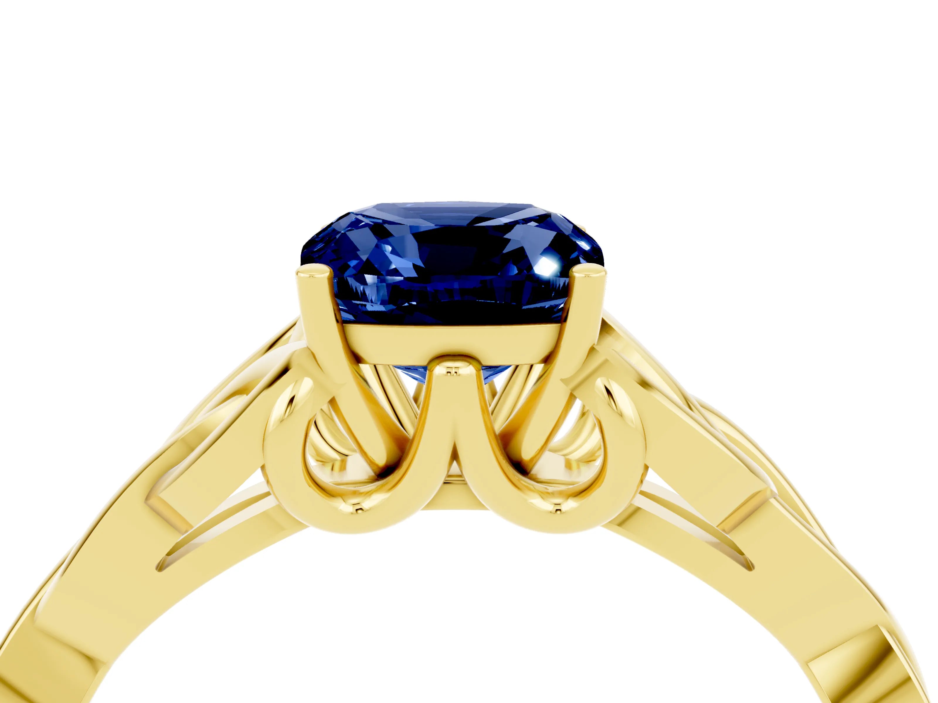 Yellow gold Cushion Cut Blue Sapphire Solitaire Engagement Ring with Celtic Knot Band and Four-Prong Setting_4