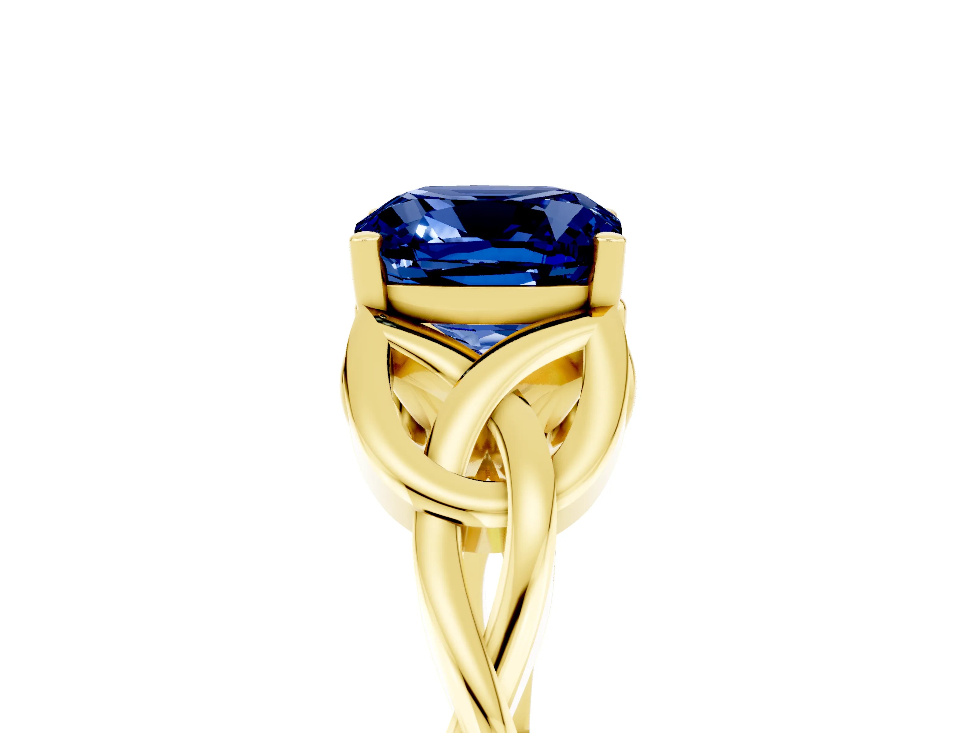 Yellow gold Cushion Cut Blue Sapphire Solitaire Engagement Ring with Celtic Knot Band and Four-Prong Setting_5