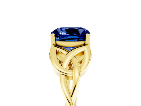 Yellow gold Cushion Cut Blue Sapphire Solitaire Engagement Ring with Celtic Knot Band and Four-Prong Setting_5