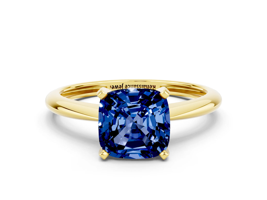 Yellow gold Cushion Cut Blue Sapphire Solitaire Engagement Ring with Classic Band and Four-Prong Setting_12