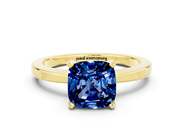 Yellow gold Cushion Cut Blue Sapphire Solitaire Engagement Ring with Classic Band and Four-Prong Setting