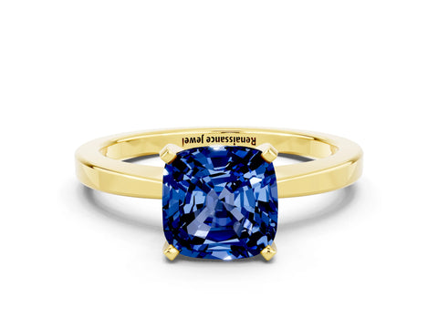 Yellow gold Cushion Cut Blue Sapphire Solitaire Engagement Ring with Classic Band and Four-Prong Setting_24