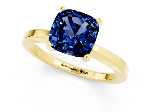 Yellow gold Cushion Cut Blue Sapphire Solitaire Engagement Ring with Classic Band and Four-Prong Setting_25