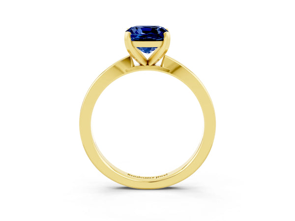 Yellow gold Cushion Cut Blue Sapphire Solitaire Engagement Ring with Classic Band and Four-Prong Setting