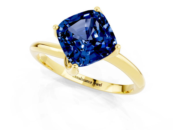 Yellow gold Cushion Cut Blue Sapphire Solitaire Engagement Ring with Four-Prong Setting and Classic Band