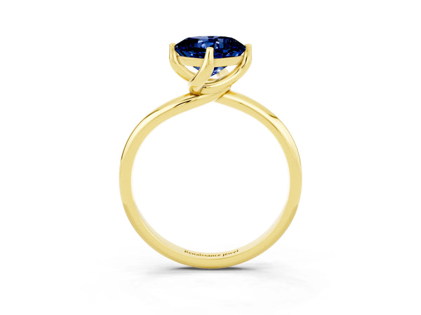 Yellow gold Cushion Cut Blue Sapphire Solitaire Engagement Ring with Four-Prong Setting and Classic Band