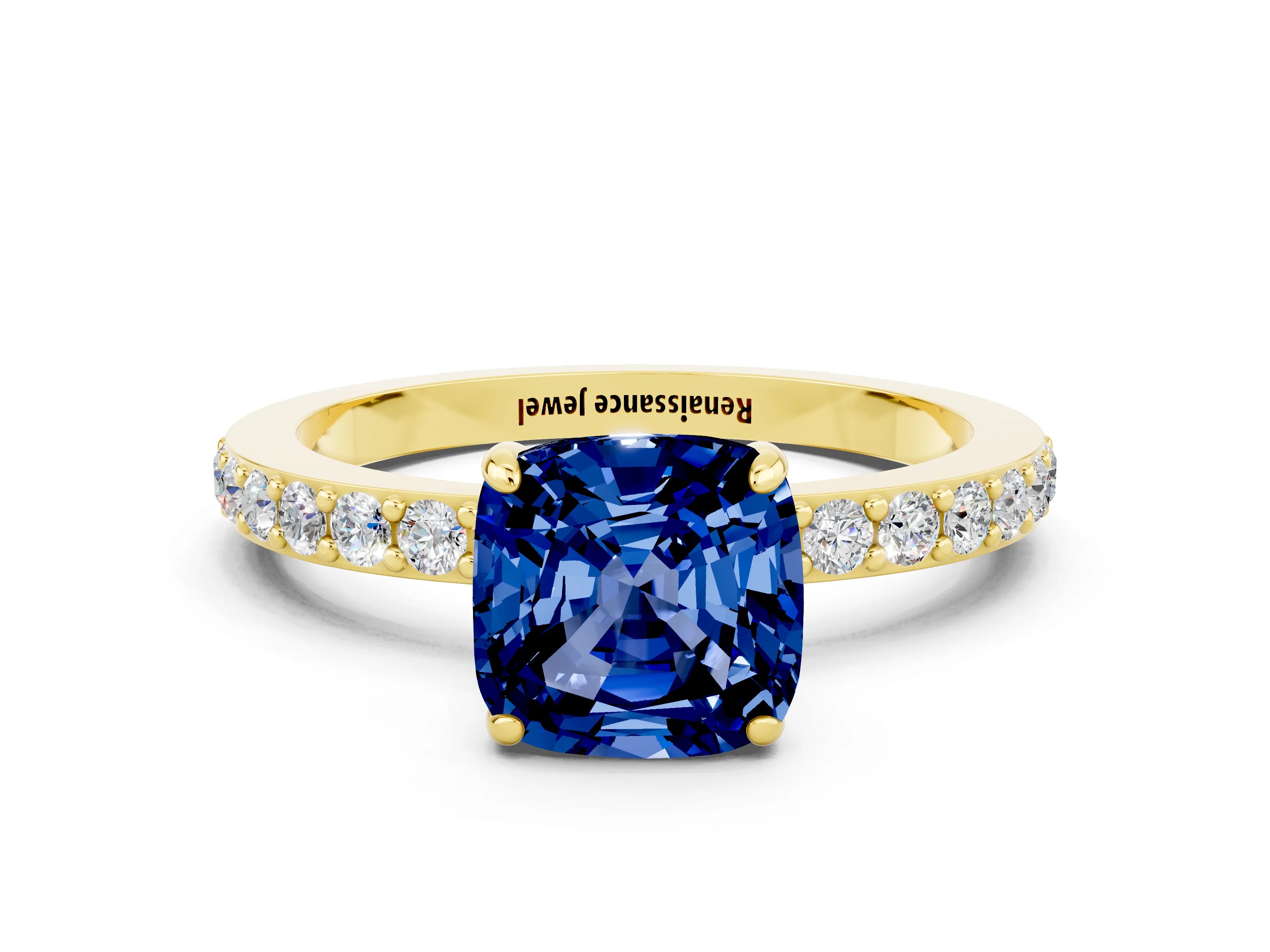 Yellow gold Cushion Cut Blue Sapphire Solitaire Engagement Ring with Pavé Band and Four-Prong Setting