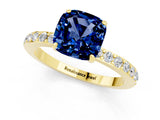 Yellow gold Cushion Cut Blue Sapphire Solitaire Engagement Ring with Pavé Band and Four-Prong Setting_1