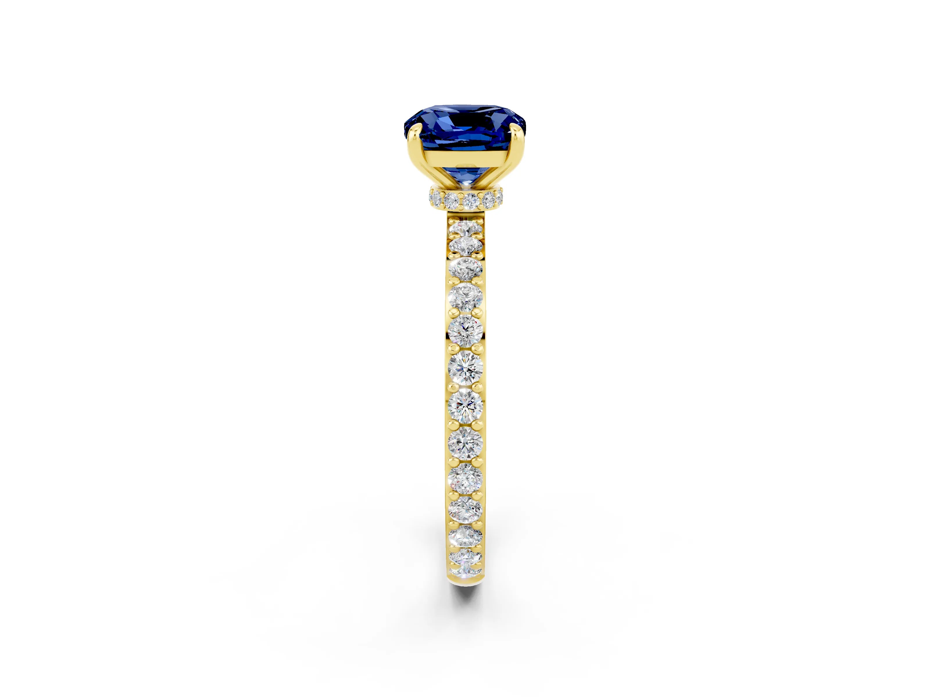 Yellow gold Cushion Cut Blue Sapphire Solitaire Engagement Ring with Pavé Band and Four-Prong Setting_2