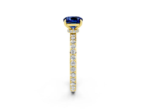 Yellow gold Cushion Cut Blue Sapphire Solitaire Engagement Ring with Pavé Band and Four-Prong Setting_2