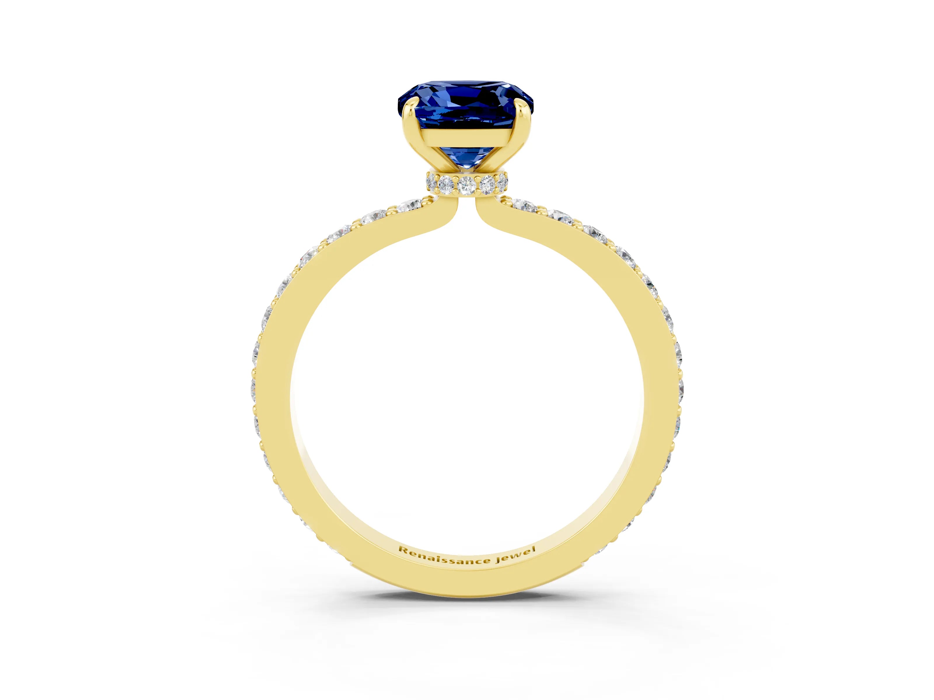 Yellow gold Cushion Cut Blue Sapphire Solitaire Engagement Ring with Pavé Band and Four-Prong Setting_3