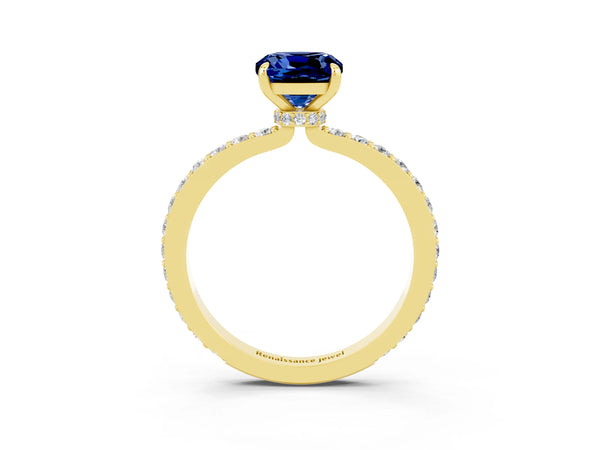 Yellow gold Cushion Cut Blue Sapphire Solitaire Engagement Ring with Pavé Band and Four-Prong Setting