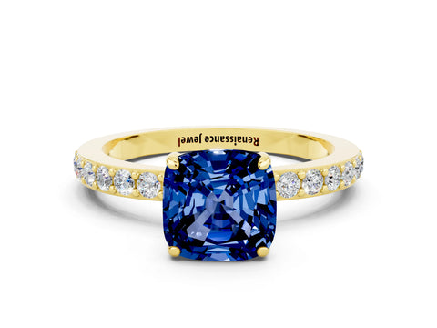 Yellow gold Cushion Cut Blue Sapphire Solitaire Engagement Ring with Pavé Band and Four-Prong Setting