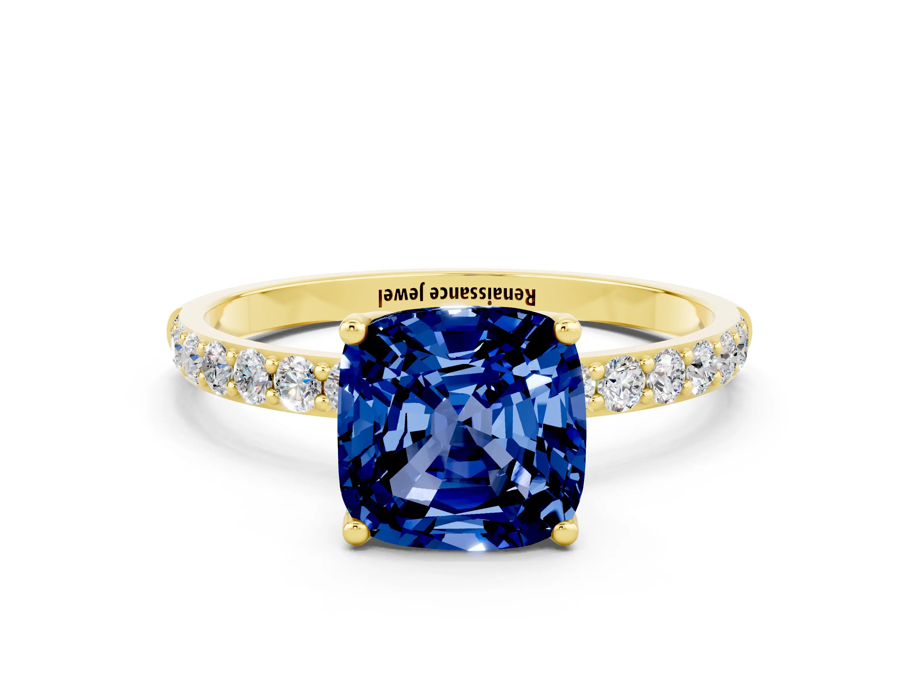Yellow gold Cushion Cut Blue Sapphire Solitaire Engagement Ring with Pavé Band and Prong Setting