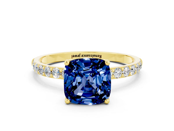 Yellow gold Cushion Cut Blue Sapphire Solitaire Engagement Ring with Round  Pavé Band and Prong Setting