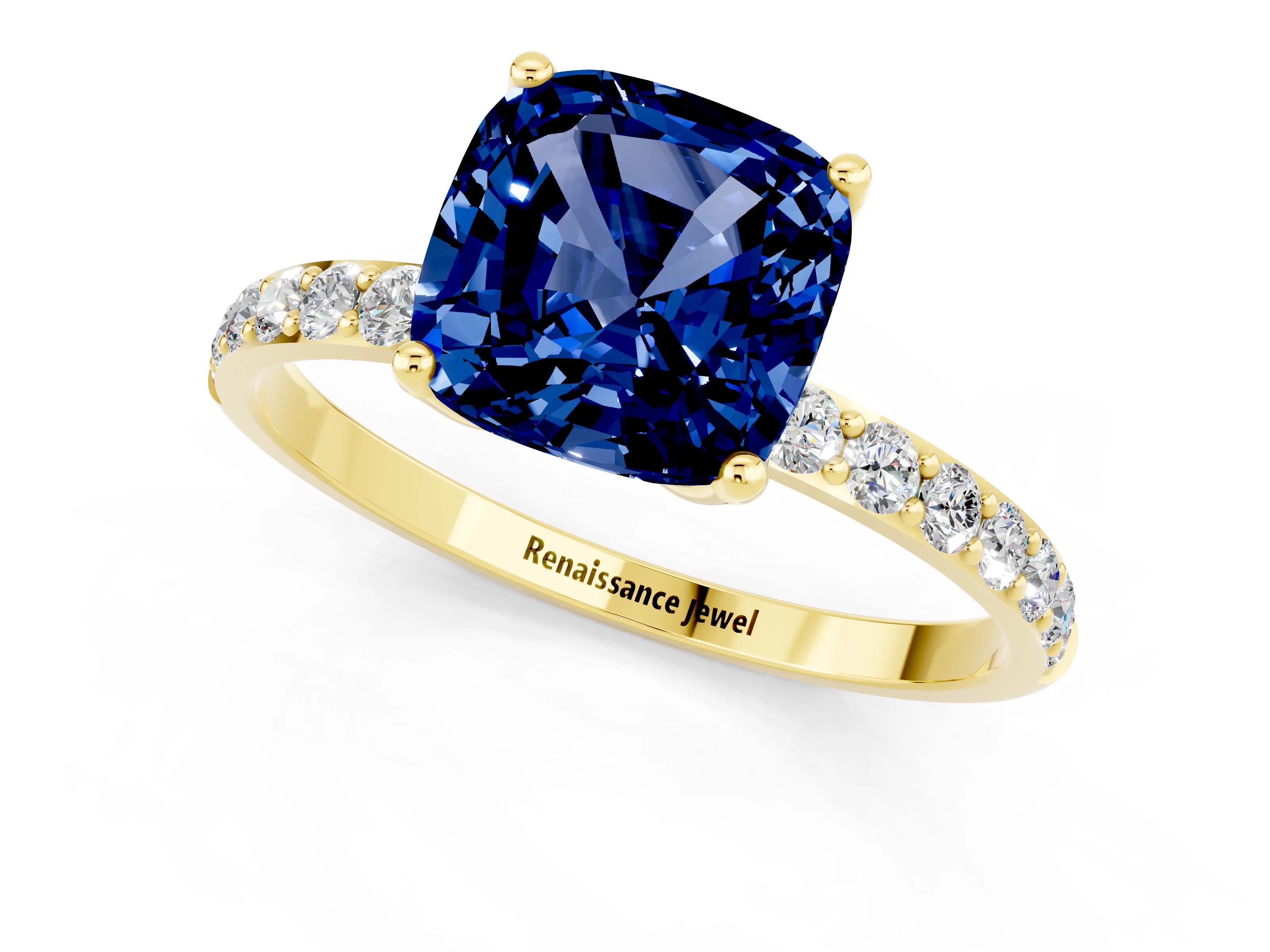 Yellow gold Cushion Cut Blue Sapphire Solitaire Engagement Ring with Pavé Band and Prong Setting_1