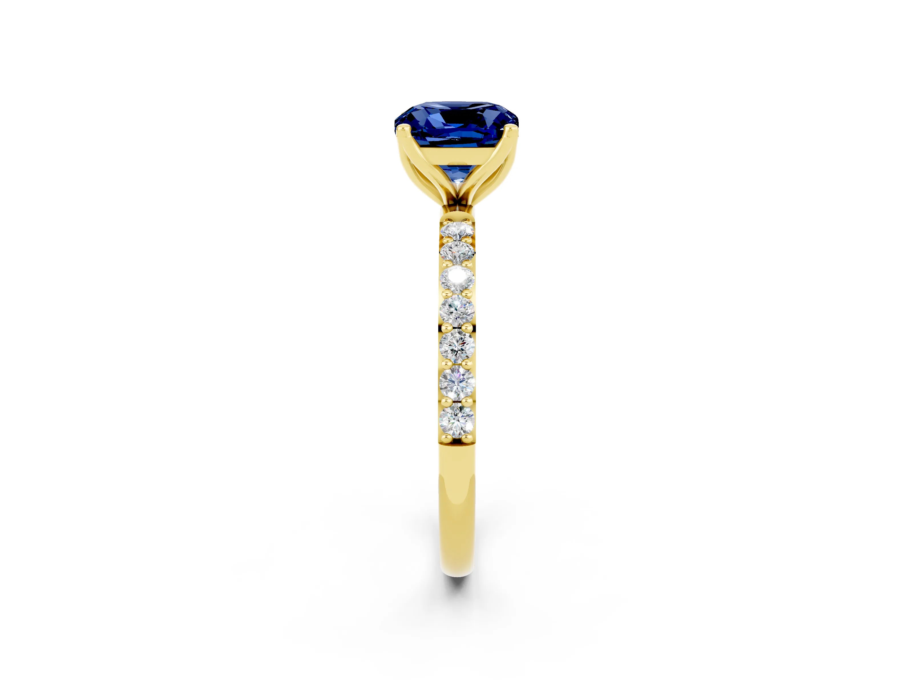 Yellow gold Cushion Cut Blue Sapphire Solitaire Engagement Ring with Pavé Band and Prong Setting_2