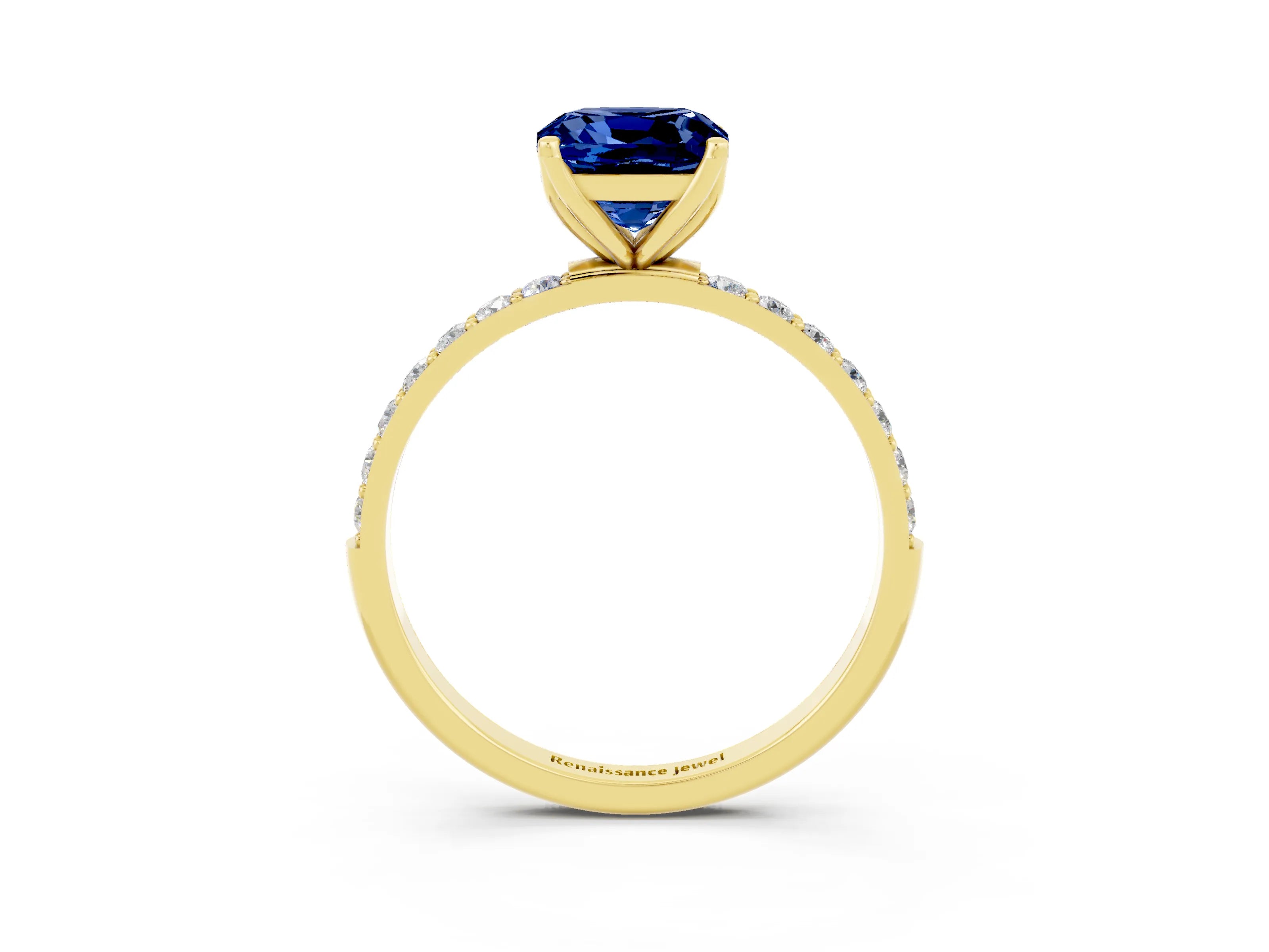 Yellow gold Cushion Cut Blue Sapphire Solitaire Engagement Ring with Pavé Band and Prong Setting_3